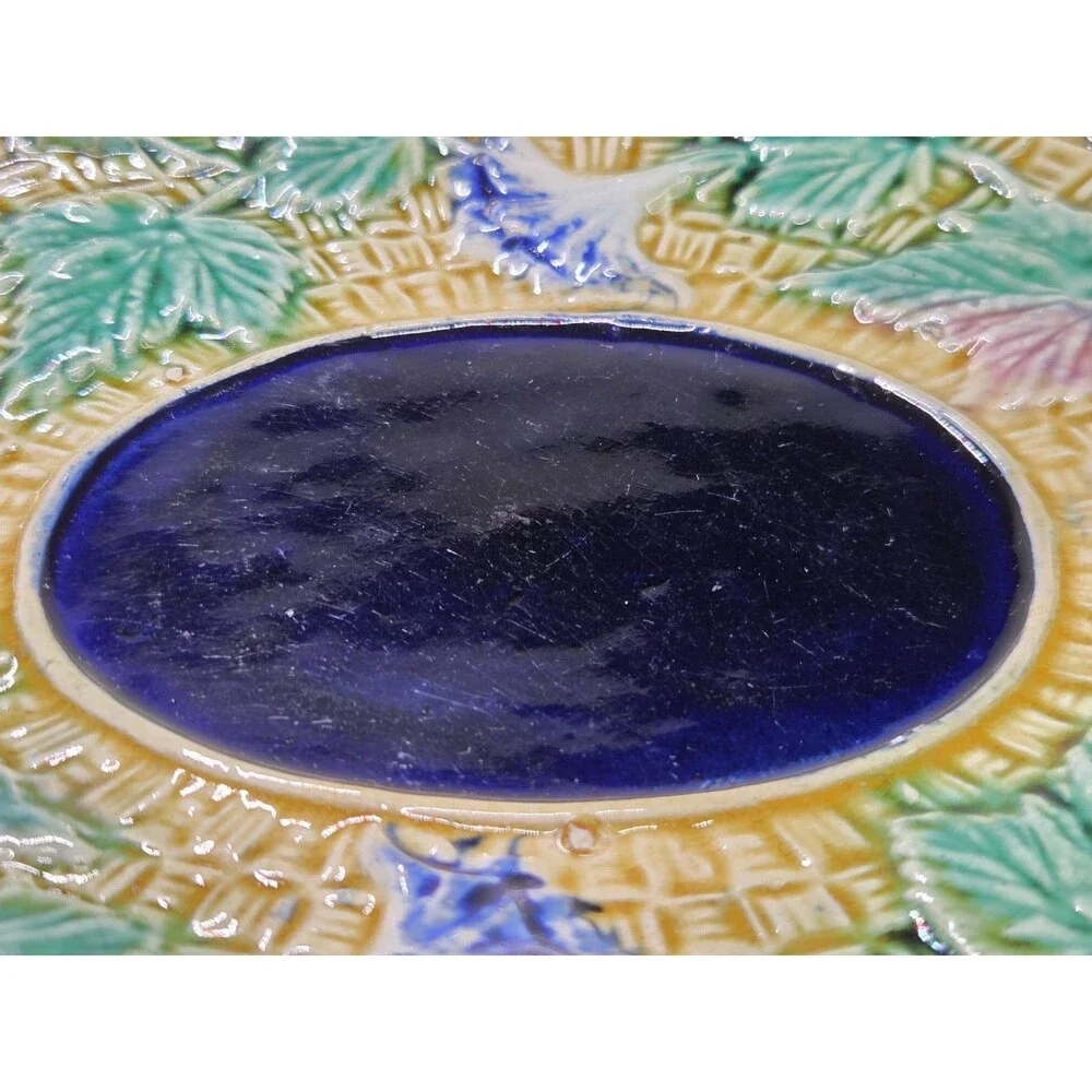 Antique Oval Majolica Basket Weave Footed Platter Floral Bread Bowl Cobalt 12¾